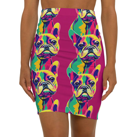 French Bulldog Pencil Skirt, Handmade Pop Art Skirt, Animal Print Mini Skirt, High Waist Skirt, Colorful Dog Apparel