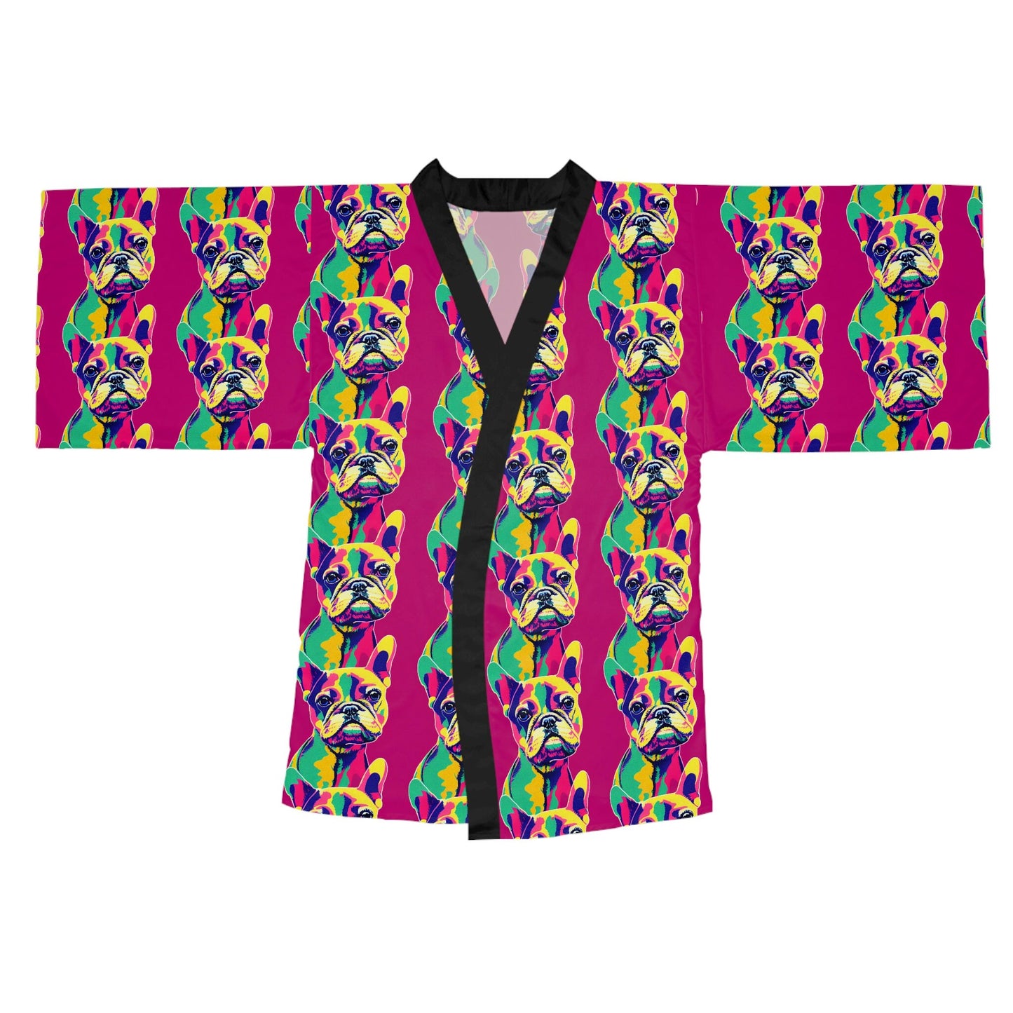 French Bulldog Pop Art Long Sleeve Kimono Robe, Japanese Kimono Robe for Women, Frenchie Clothing Boho Kimono Robe, Traditional Clothing