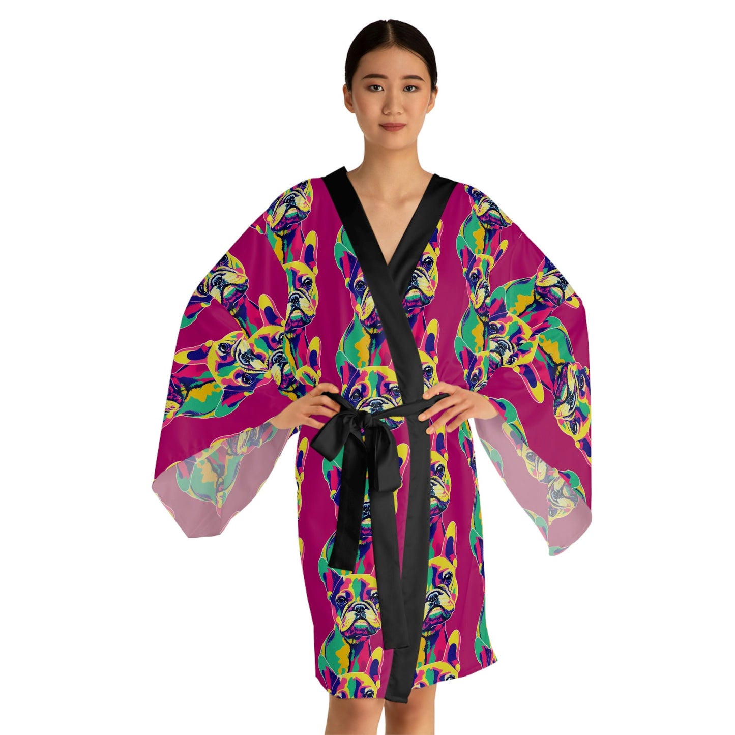 French Bulldog Pop Art Long Sleeve Kimono Robe, Japanese Kimono Robe for Women, Frenchie Clothing Boho Kimono Robe, Traditional Clothing