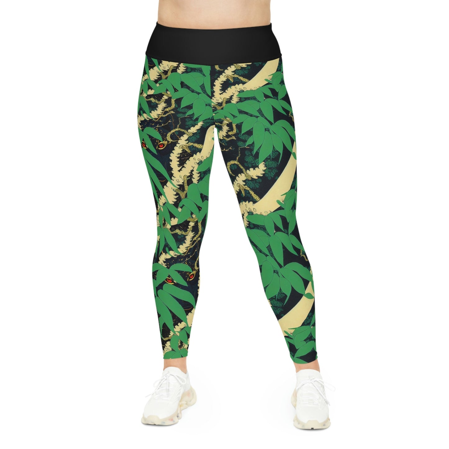 Black Wolf Jungle Plus Size Leggings, High Waist Leggings, Leaf Spandex Leggings, Yoga Leggings, Fitness Leggings