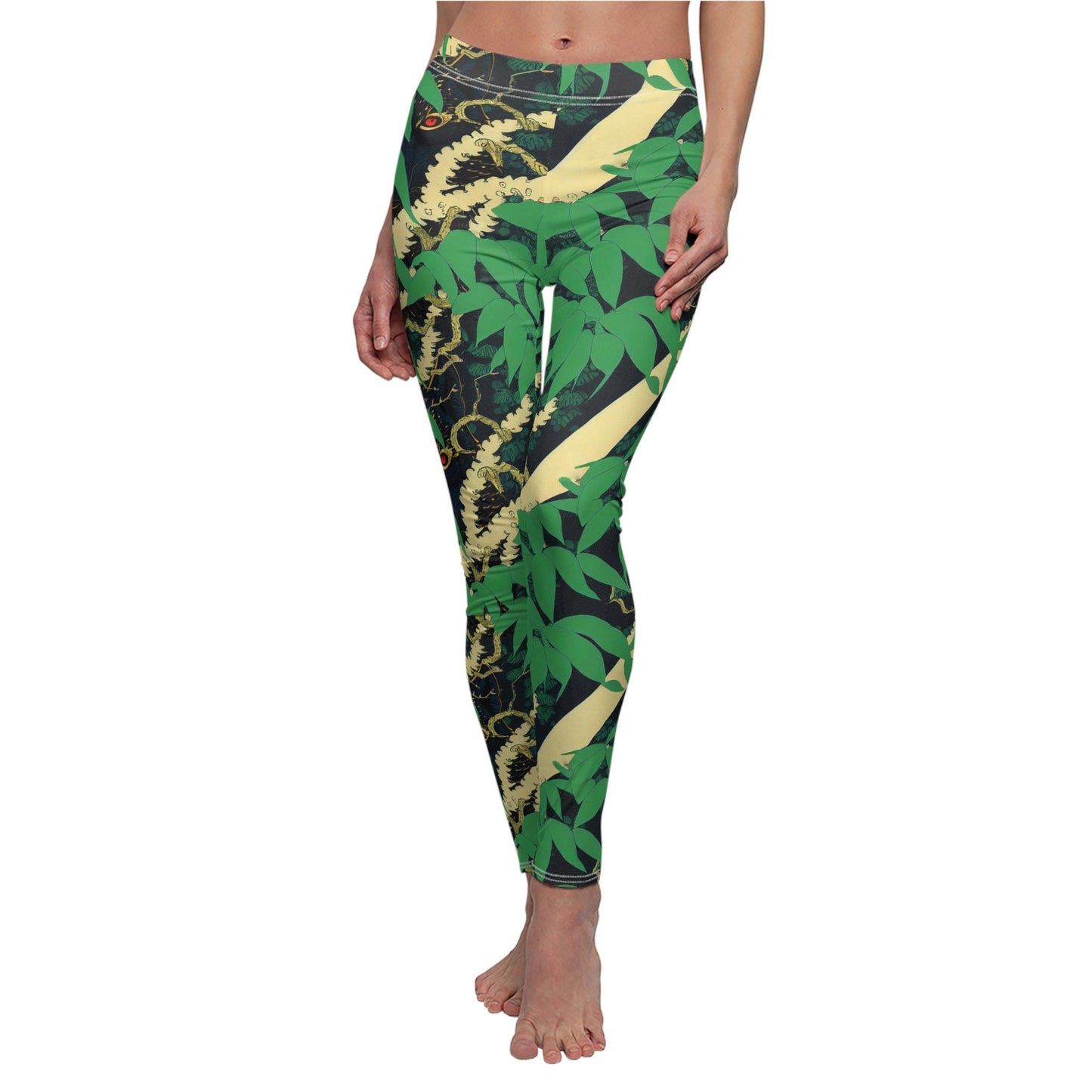 Black Wolf Jungle Yoga Leggings, Cut & Sew Green Leggings, Spandex Leggings, Workout Leggings, Fitness Leggings