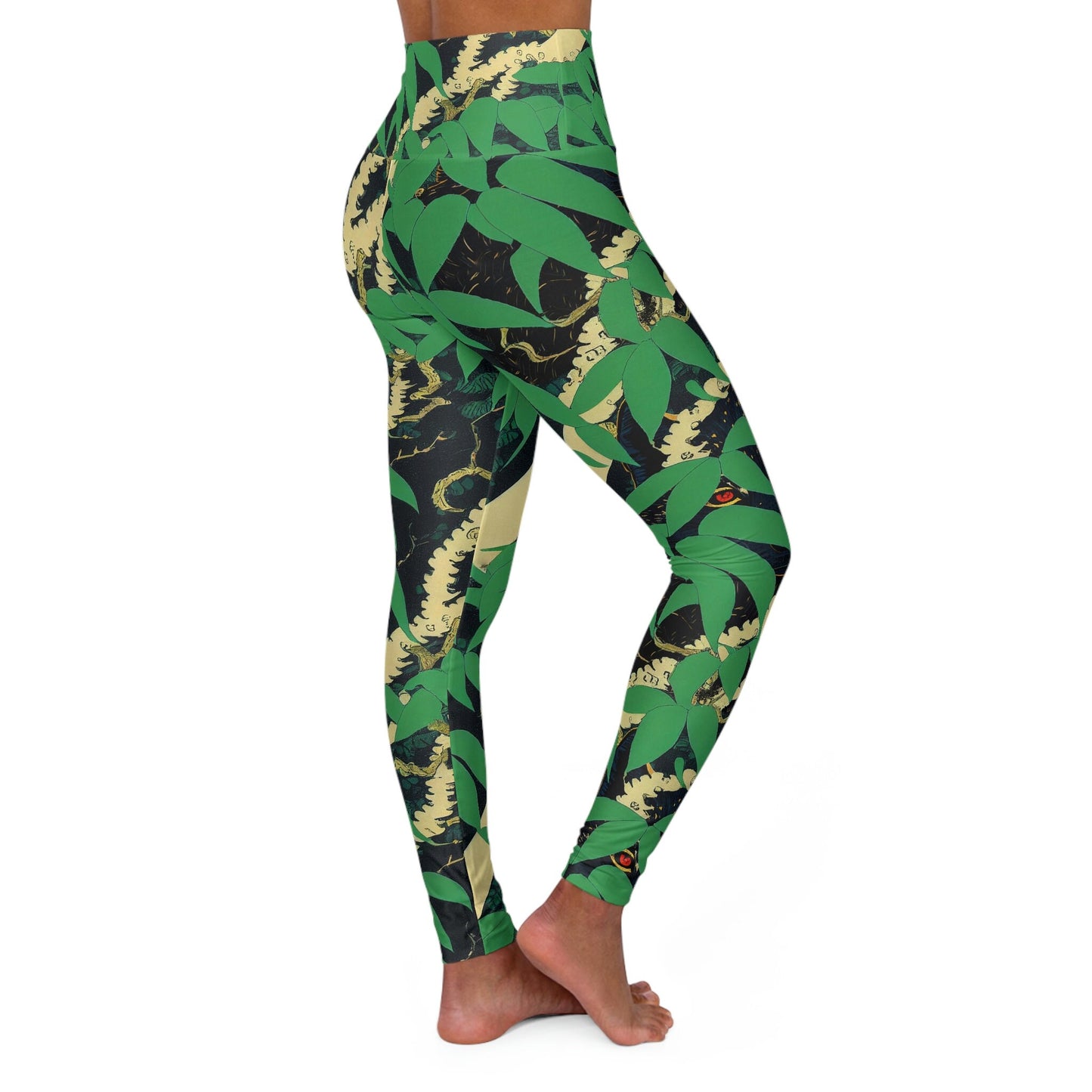 Black Wolf Jungle Leggings, High Waist Yoga Leggings, Plus Size Green Leggings, Workout Leggings, Fitness Leggings