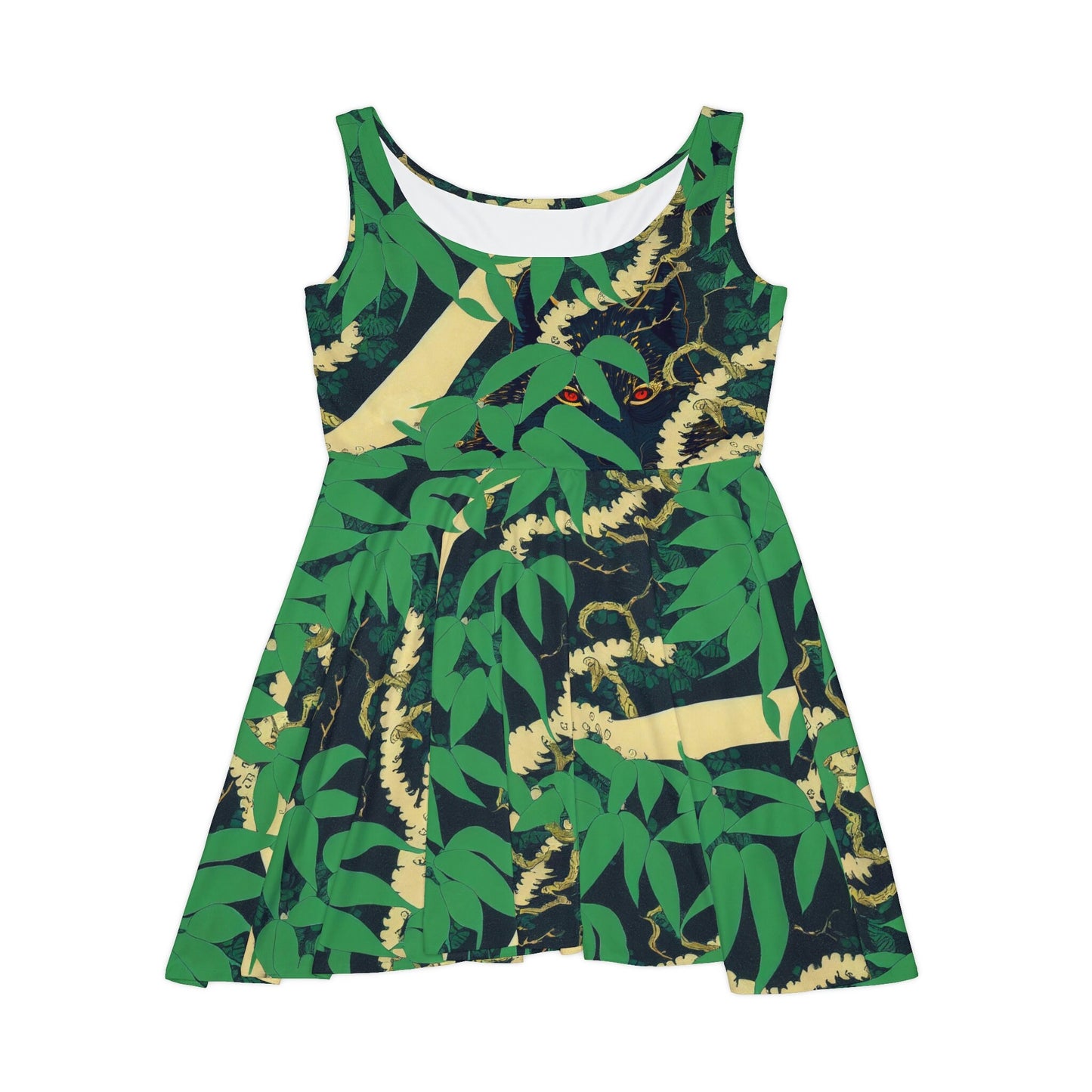 Black Wolf Skater Dress, Wolf Jungle Sleeveless Dress, Green Pattern Skater Dress for Women, Handmade Teen Dress