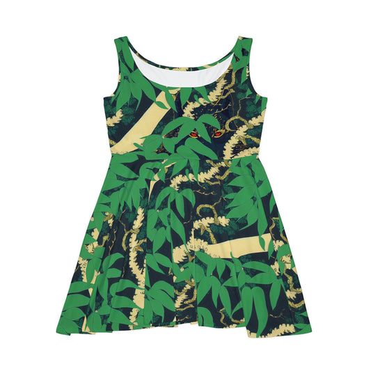 Black Wolf Skater Dress, Wolf Jungle Sleeveless Dress, Green Pattern Skater Dress for Women, Handmade Teen Dress