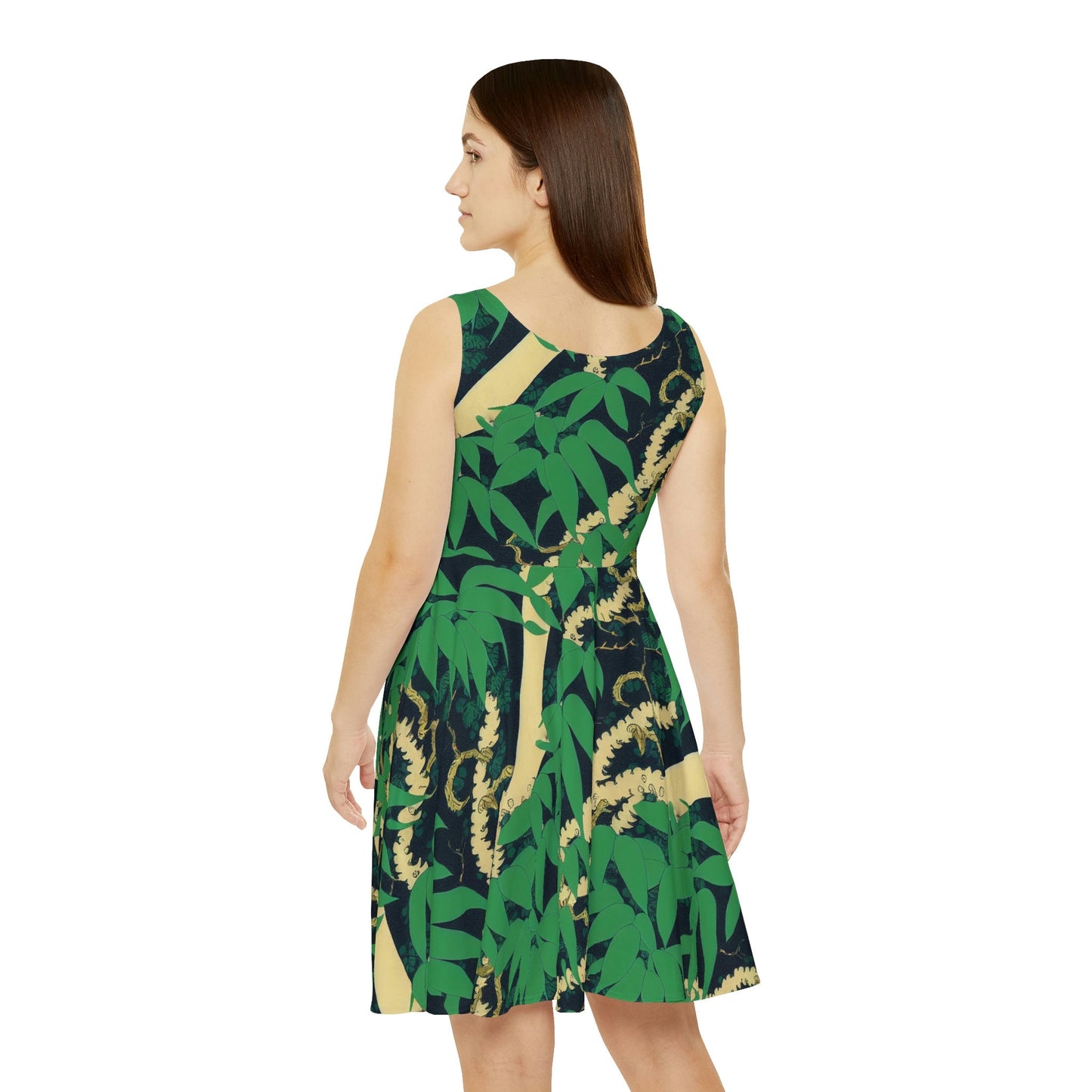 Black Wolf Skater Dress, Wolf Jungle Sleeveless Dress, Green Pattern Skater Dress for Women, Handmade Teen Dress