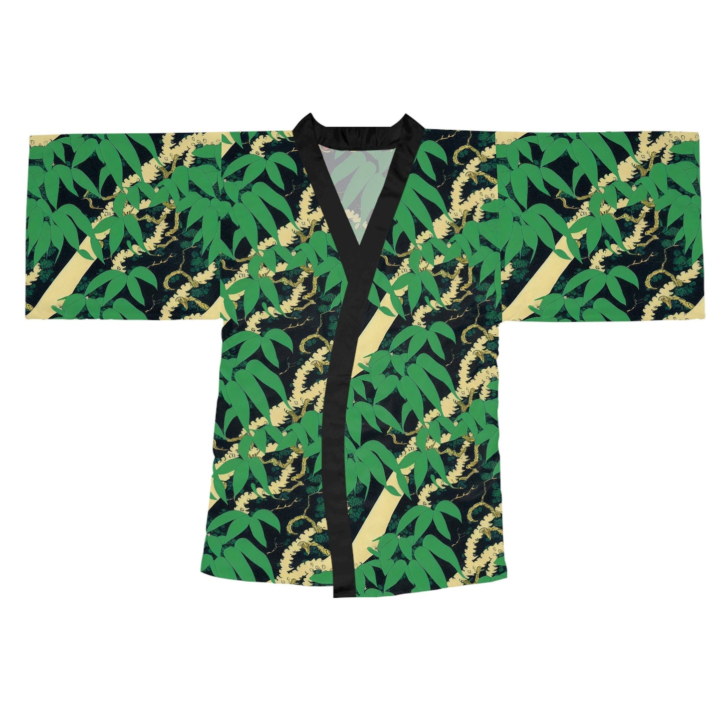 Black Wolf Jungle Long Sleeve Kimono Robe, Botanical Clothing Boho Kimono Robe, Japanese Kimono Robe for Women, Traditional Clothing