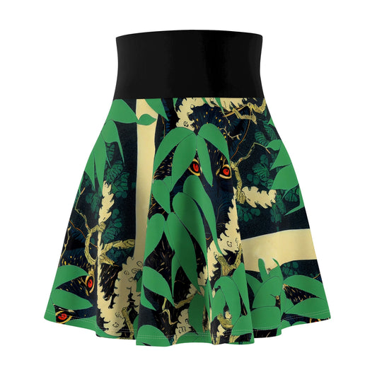 Black Wolf Skater Skirt, Handmade Green Skirt, Jungle Print Spandex Skirt, High Waist Skirt,  Luxury Tree Maxi Skirt