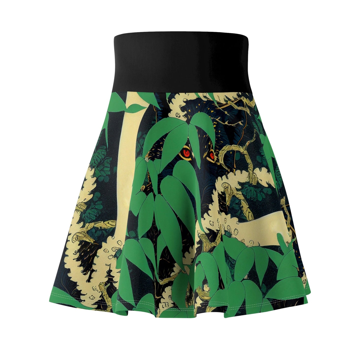 Black Wolf Skater Skirt, Handmade Green Skirt, Jungle Print Spandex Skirt, High Waist Skirt,  Luxury Tree Maxi Skirt