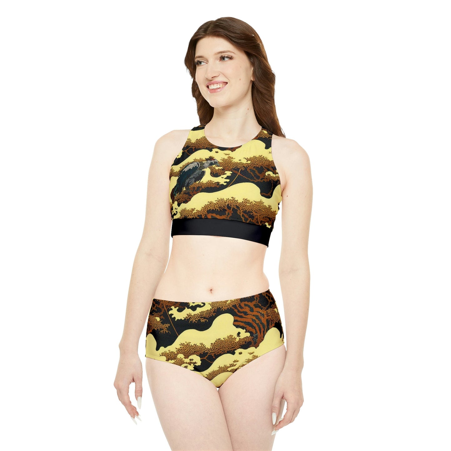Gold Forest Sports Bikini, Two Piece Bikini Set, Vulture Print Sexy Bikini, Sporty Bikini Set, Extreme Bikini For Girls
