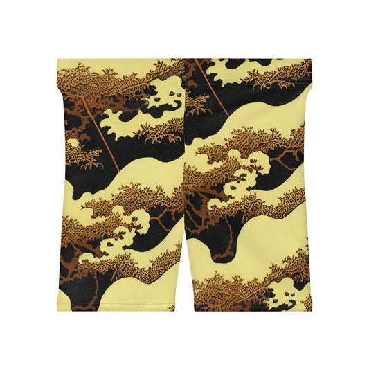 Gold Forest Vulture Women Biker Shorts, Bird Clothing Workout Shorts, Nature Clothing Gym Shorts, Sexy Booty Shorts, Graphic Shorts