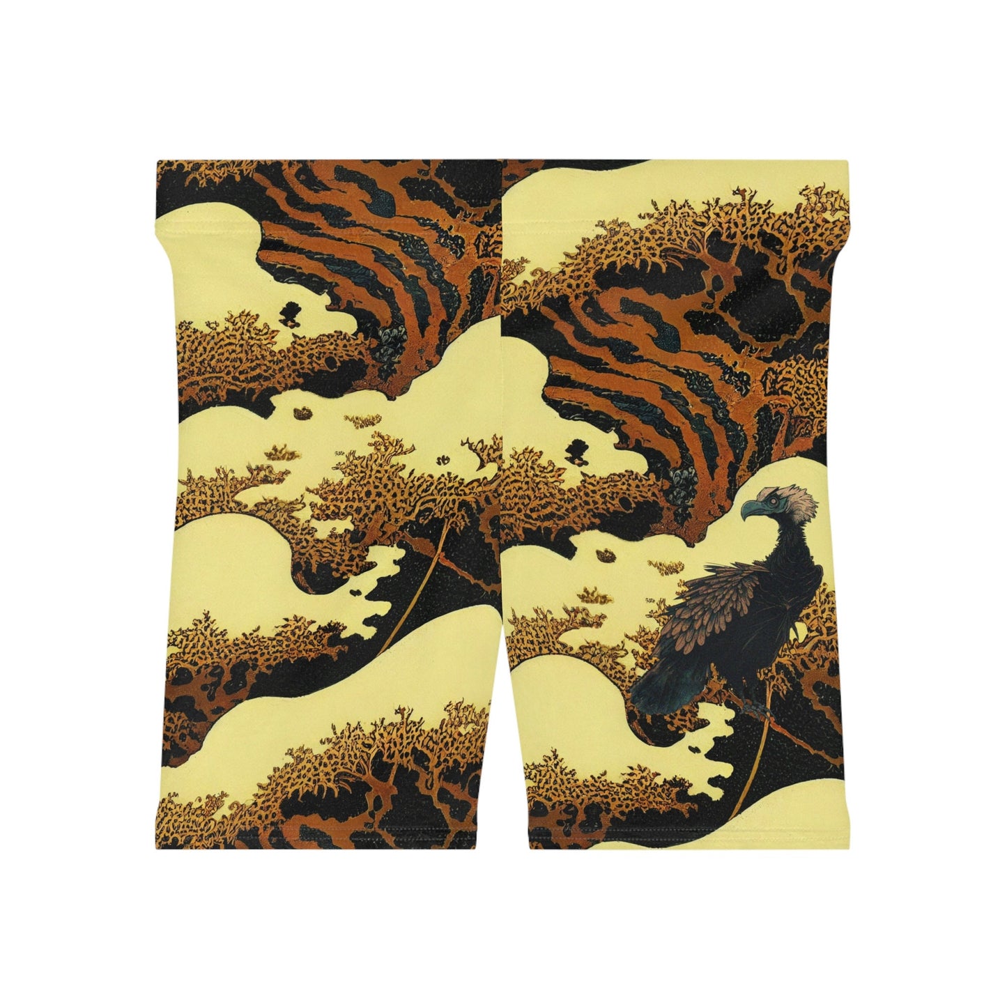 Gold Forest Vulture Women Biker Shorts, Bird Clothing Workout Shorts, Nature Clothing Gym Shorts, Sexy Booty Shorts, Graphic Shorts