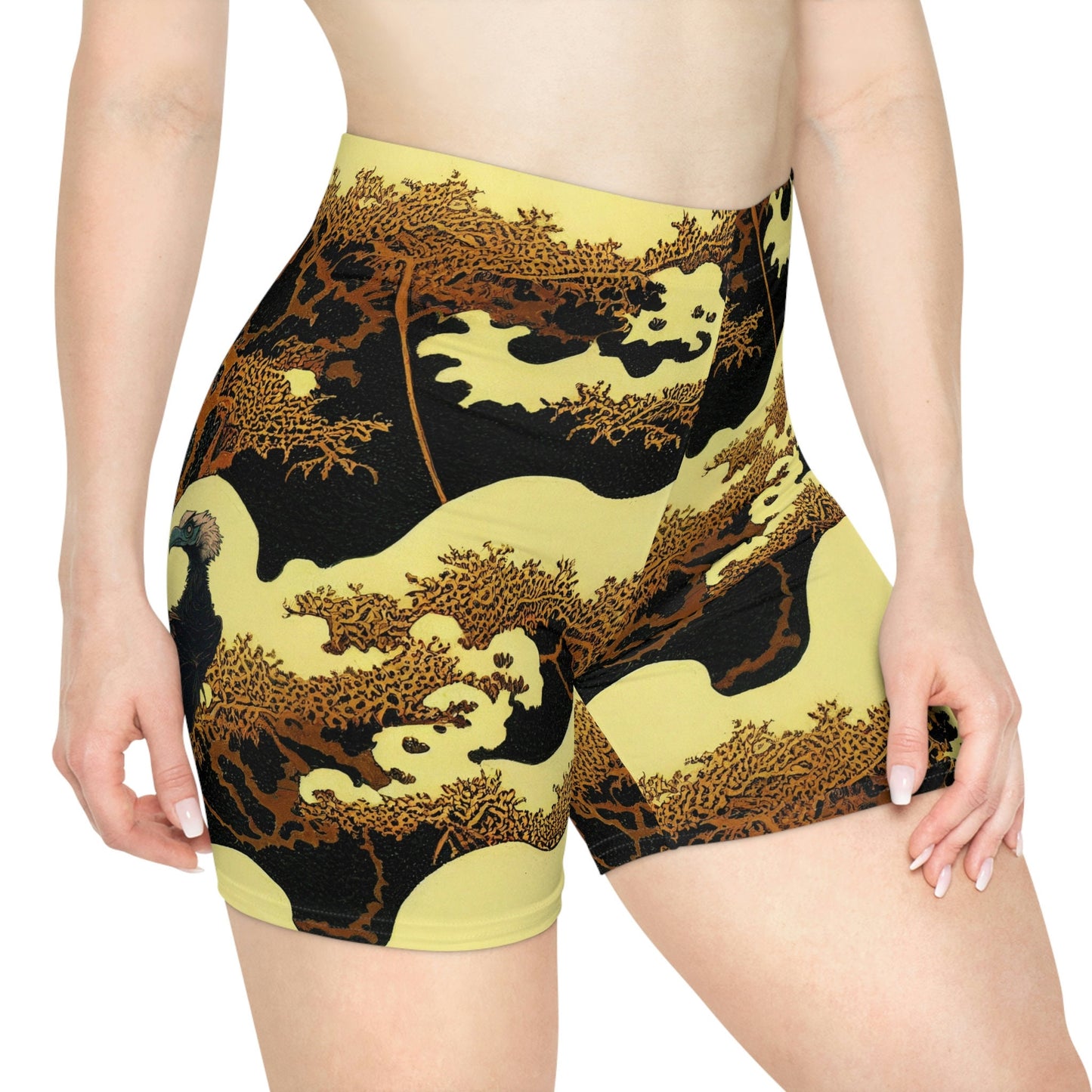 Gold Forest Vulture Women Biker Shorts, Bird Clothing Workout Shorts, Nature Clothing Gym Shorts, Sexy Booty Shorts, Graphic Shorts