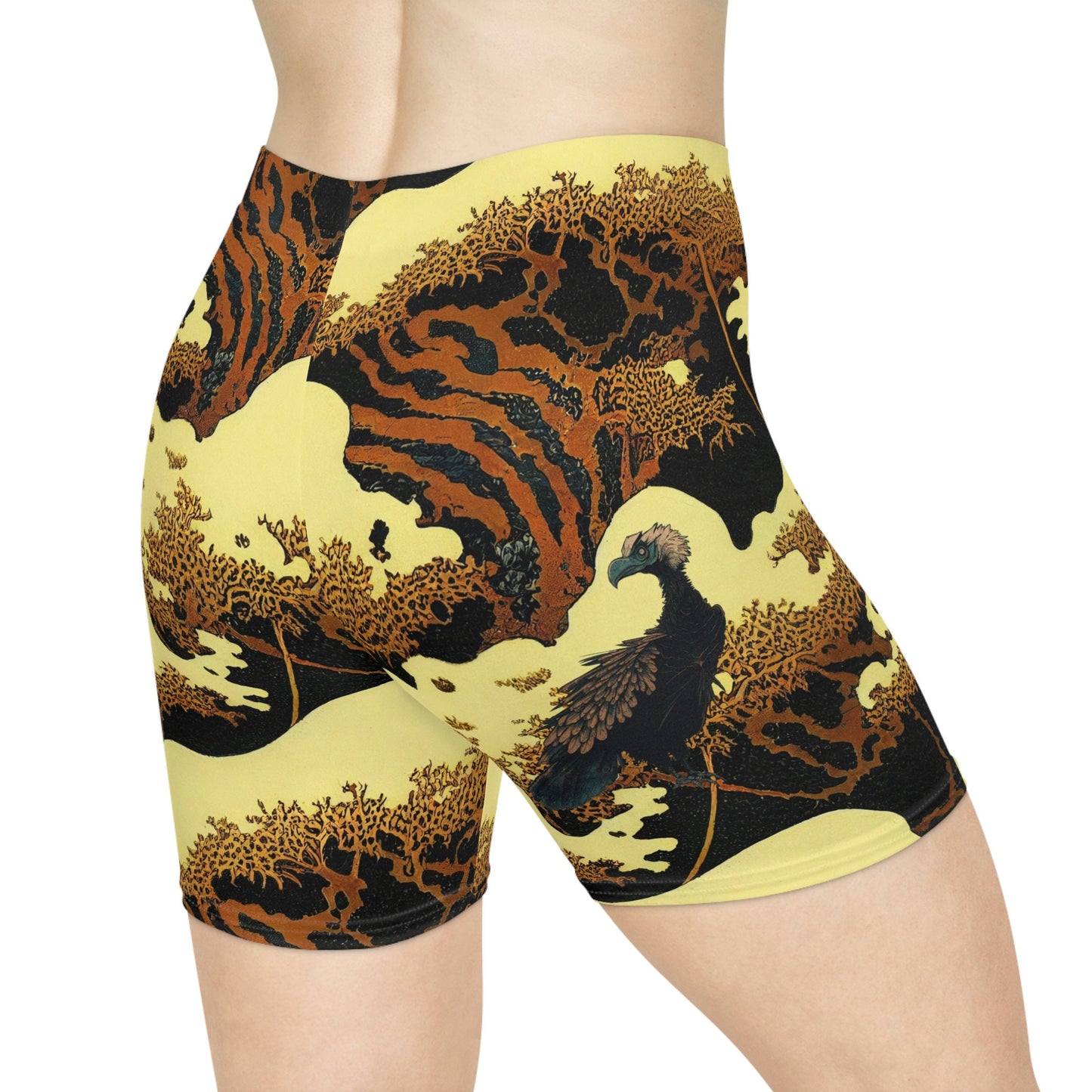 Gold Forest Vulture Women Biker Shorts, Bird Clothing Workout Shorts, Nature Clothing Gym Shorts, Sexy Booty Shorts, Graphic Shorts