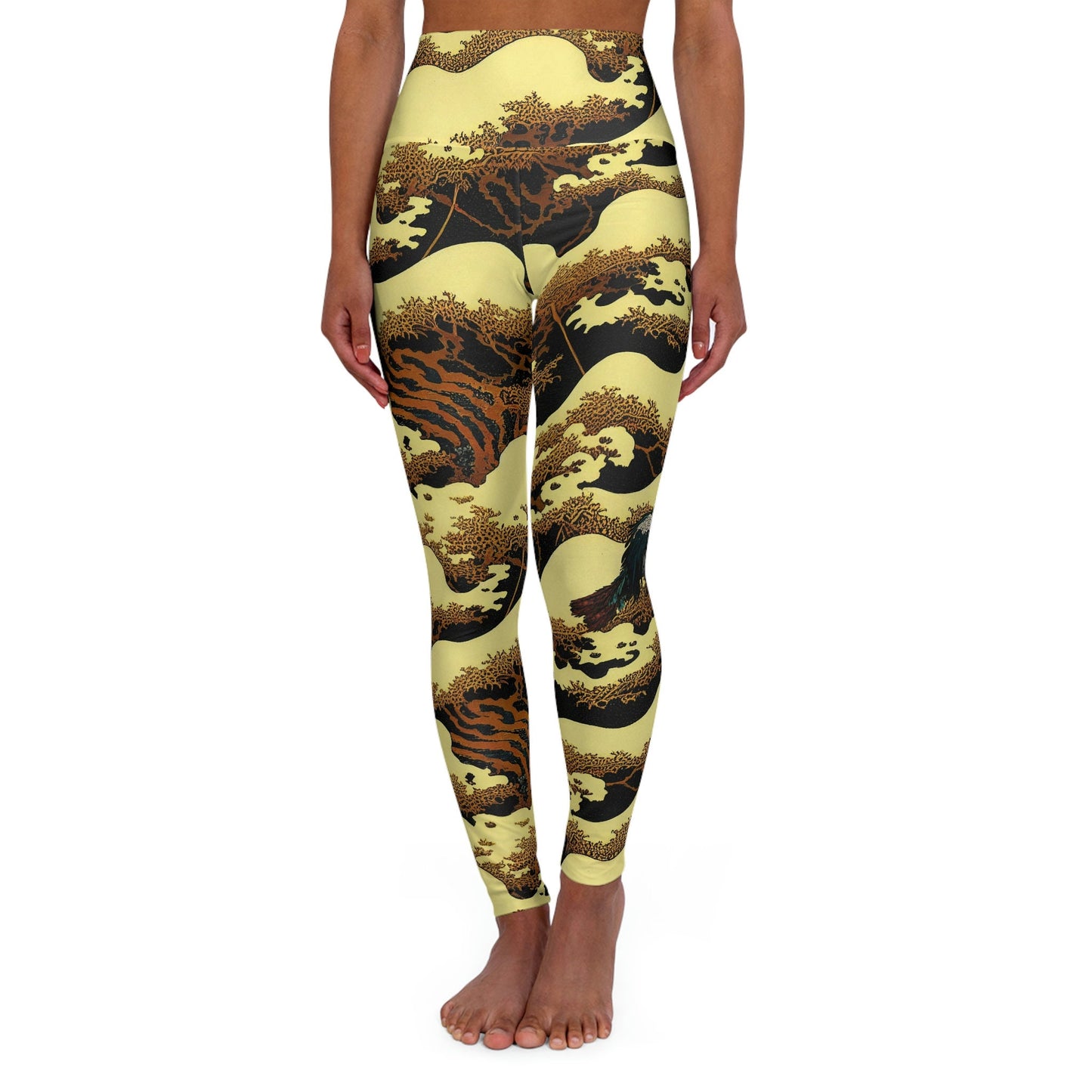 Gold Forest Vulture Yoga Leggings, High Waist Leggings, Plus Size Leggings for Women, Fitness Leggings, Gym Leggings