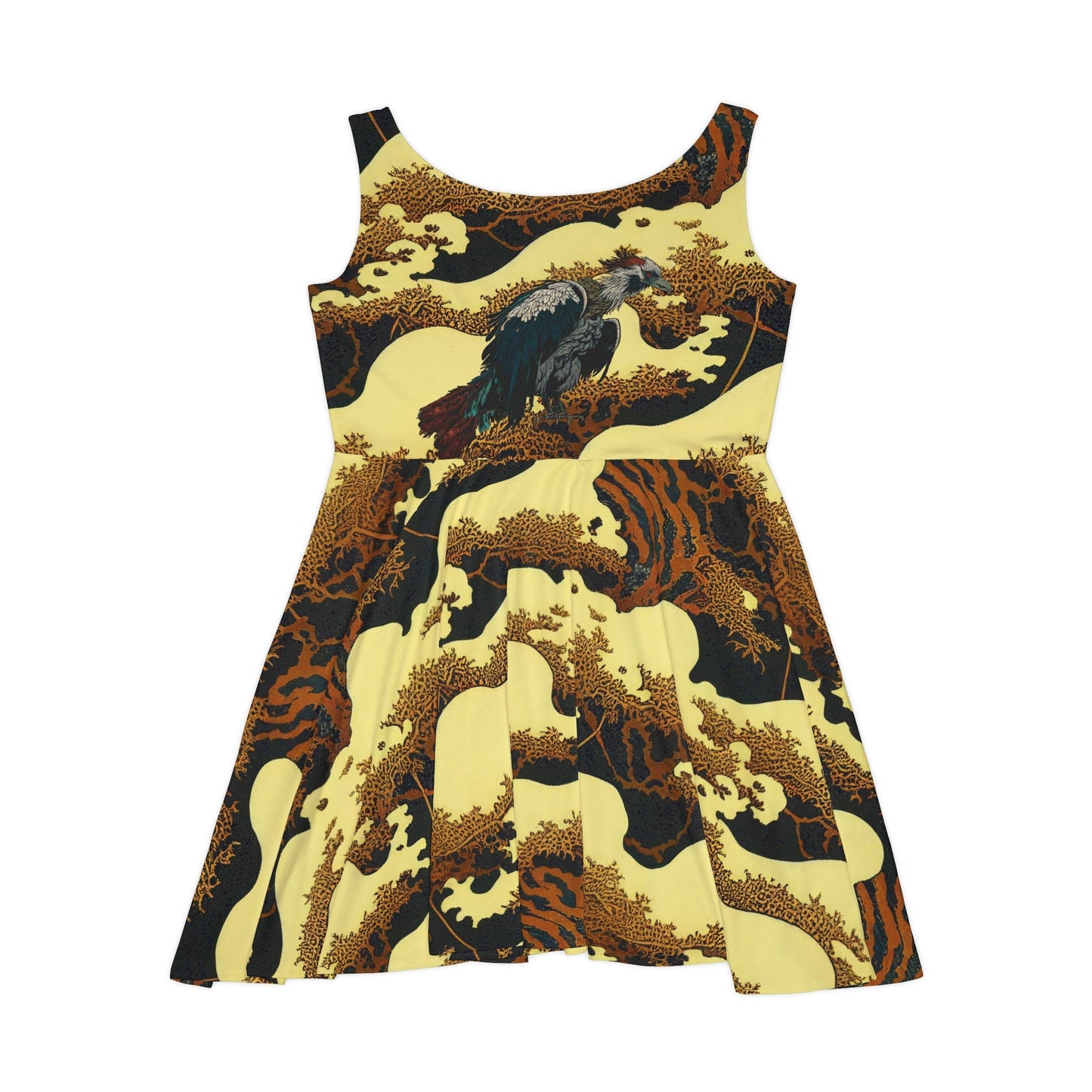 Gold Forest Skater Dress, Vulture Print Sleeveless Dress, Gold Colors Skater Dress for Women, Handmade Short Dress