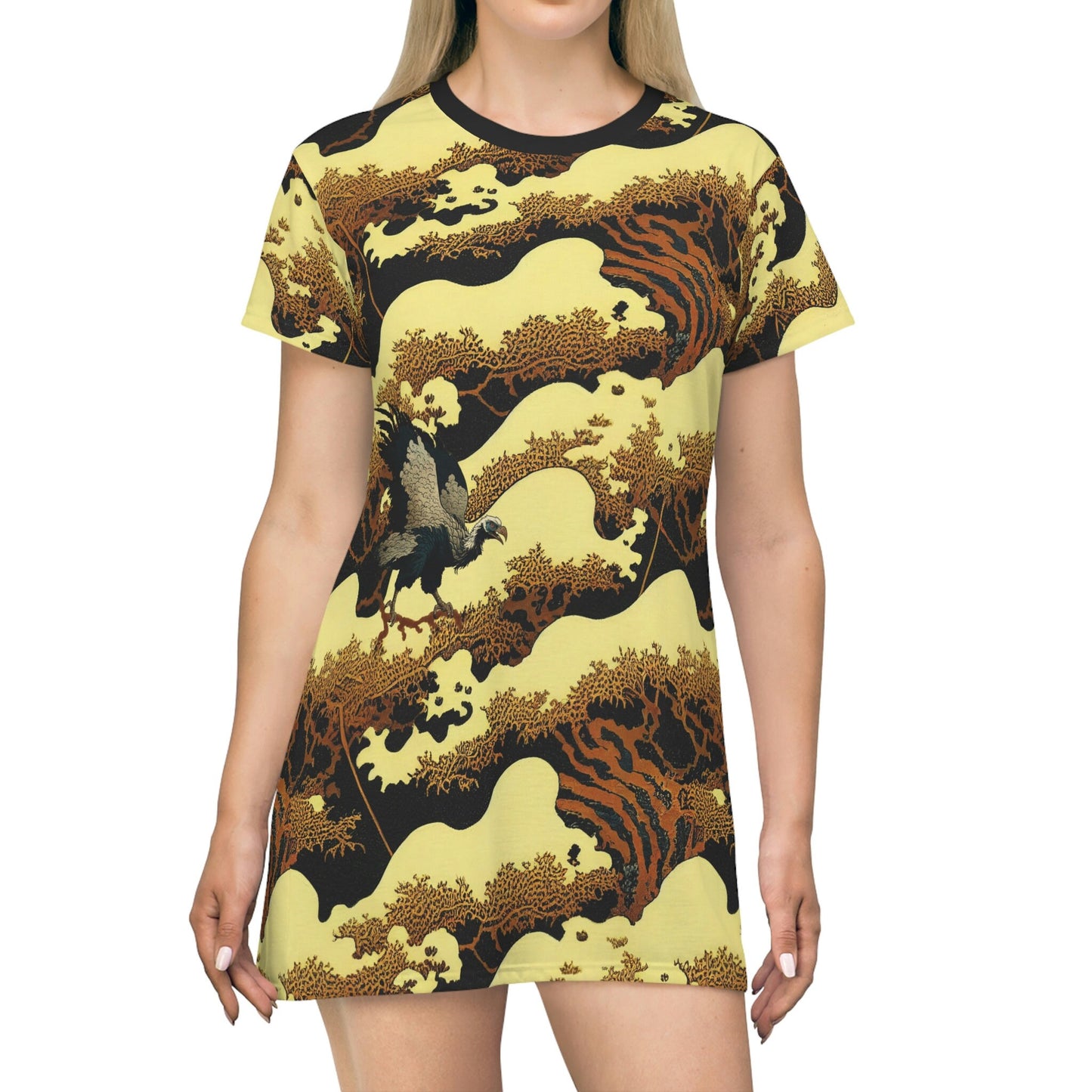 Bird Shirt Dress, Gold Forest Vulture Tshirt Dress, Oversized Nature Shirt for Women, Short Sleeve Comfy Shirt Dress
