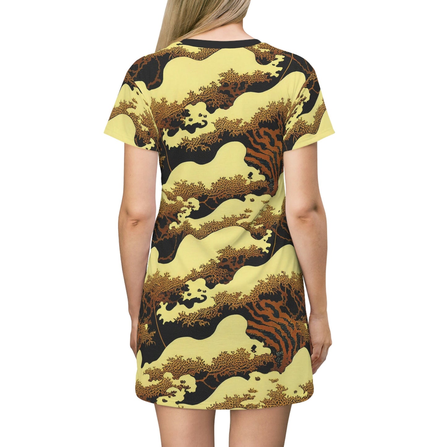 Bird Shirt Dress, Gold Forest Vulture Tshirt Dress, Oversized Nature Shirt for Women, Short Sleeve Comfy Shirt Dress