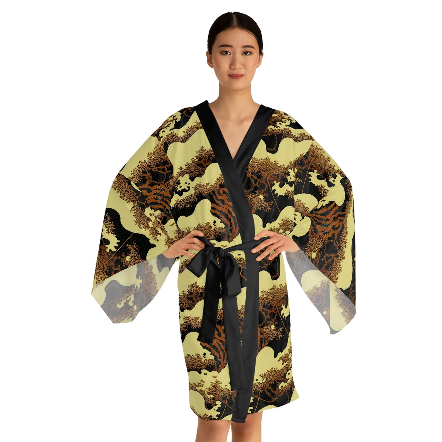 Gold Forest Vulture Long Sleeve Kimono Robe, Bird Clothing Boho Kimono Robe, Japanese Kimono Robe for Women, Traditional Clothing