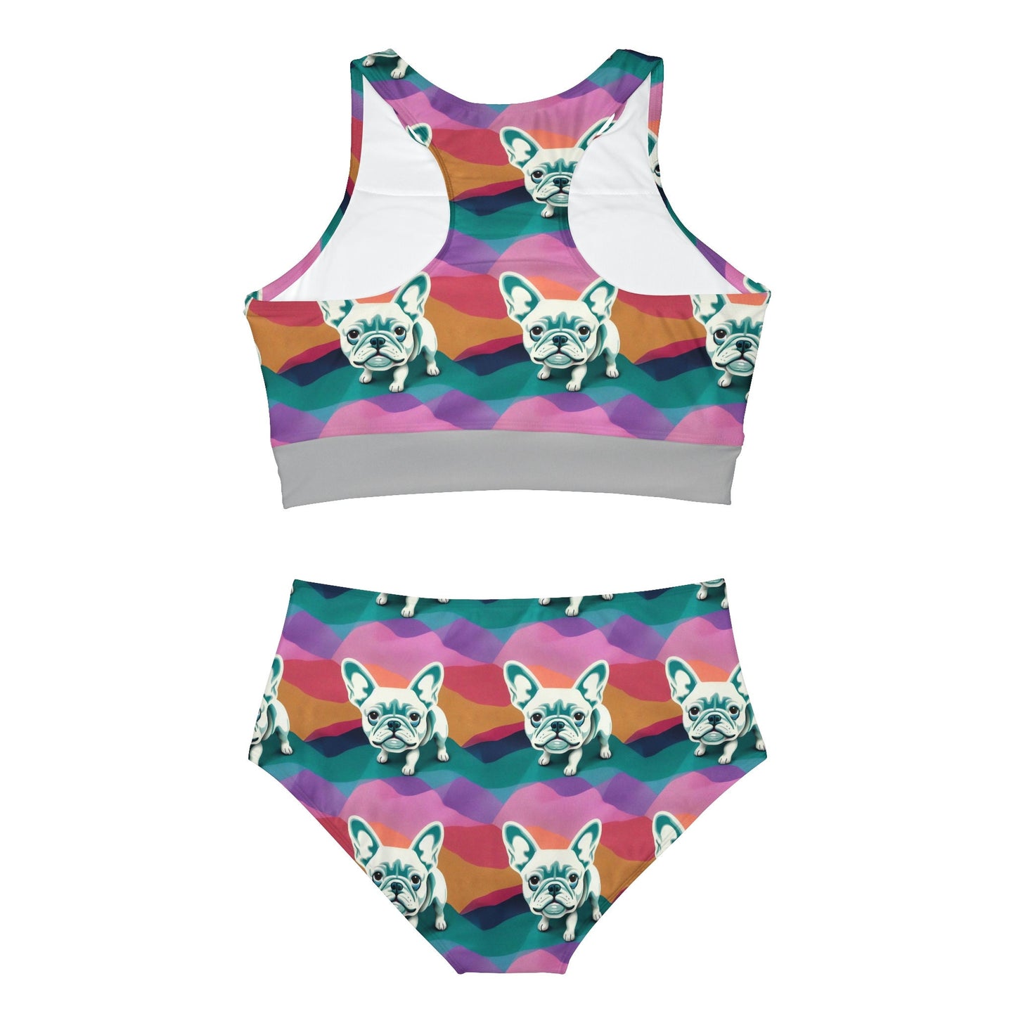 French Bulldog High Waisted Bikini Set, Dog Print Plus Size Sporty Bikini, Two Piece Girls Sexy Bikini Set, Summer Clothing