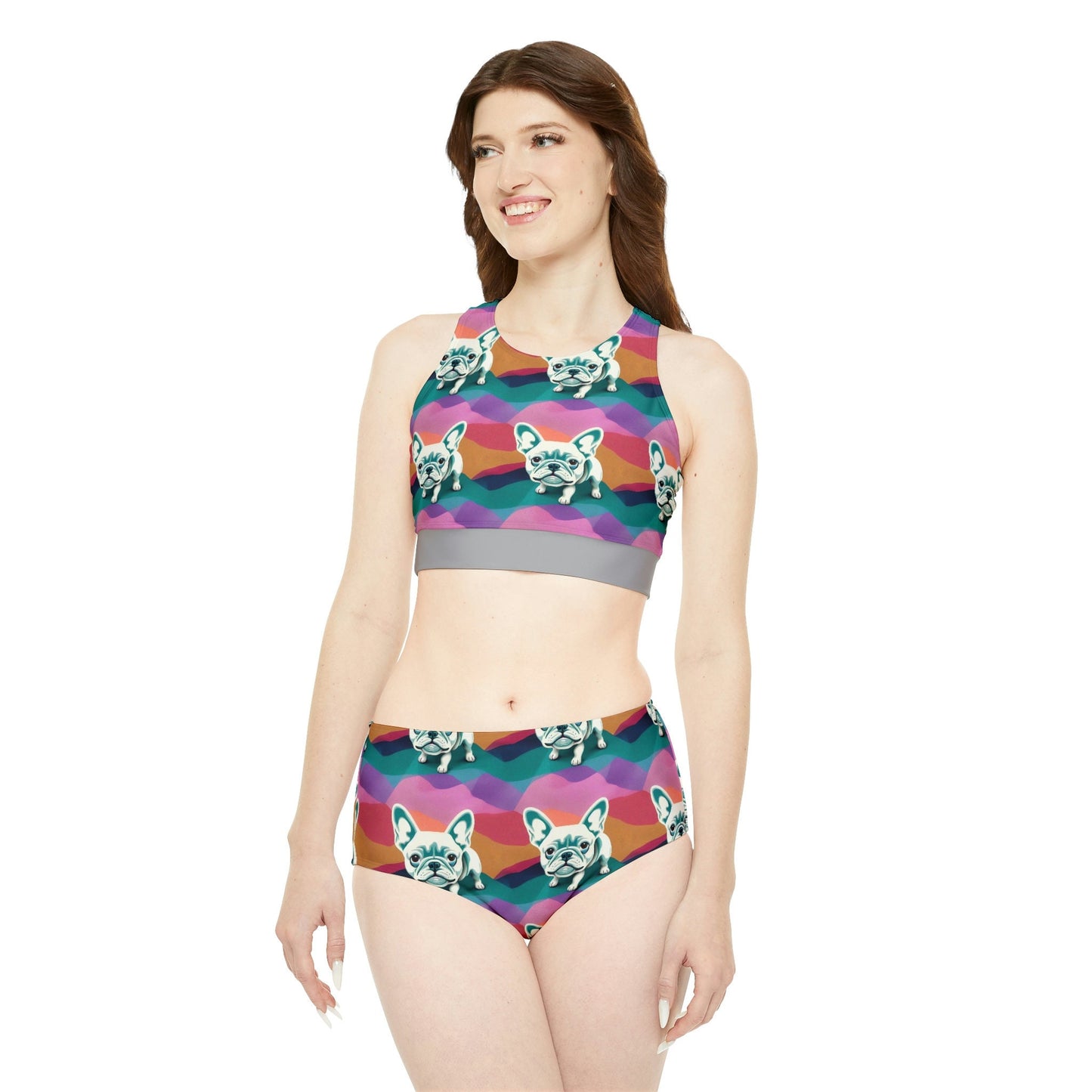 French Bulldog High Waisted Bikini Set, Dog Print Plus Size Sporty Bikini, Two Piece Girls Sexy Bikini Set, Summer Clothing