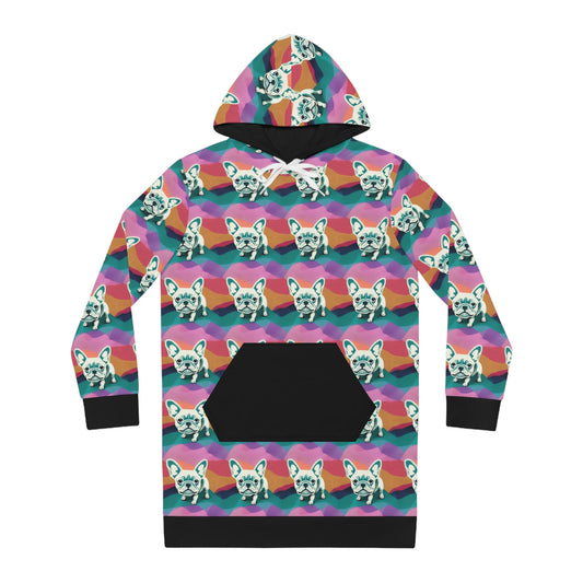 French Bull Dog Hoodie Dress, Pastel Colors Dog Lover Hoodie Dress, Plus Size Womens Hoodie, Streetwear Winter Clothing, Dog Lover Gift