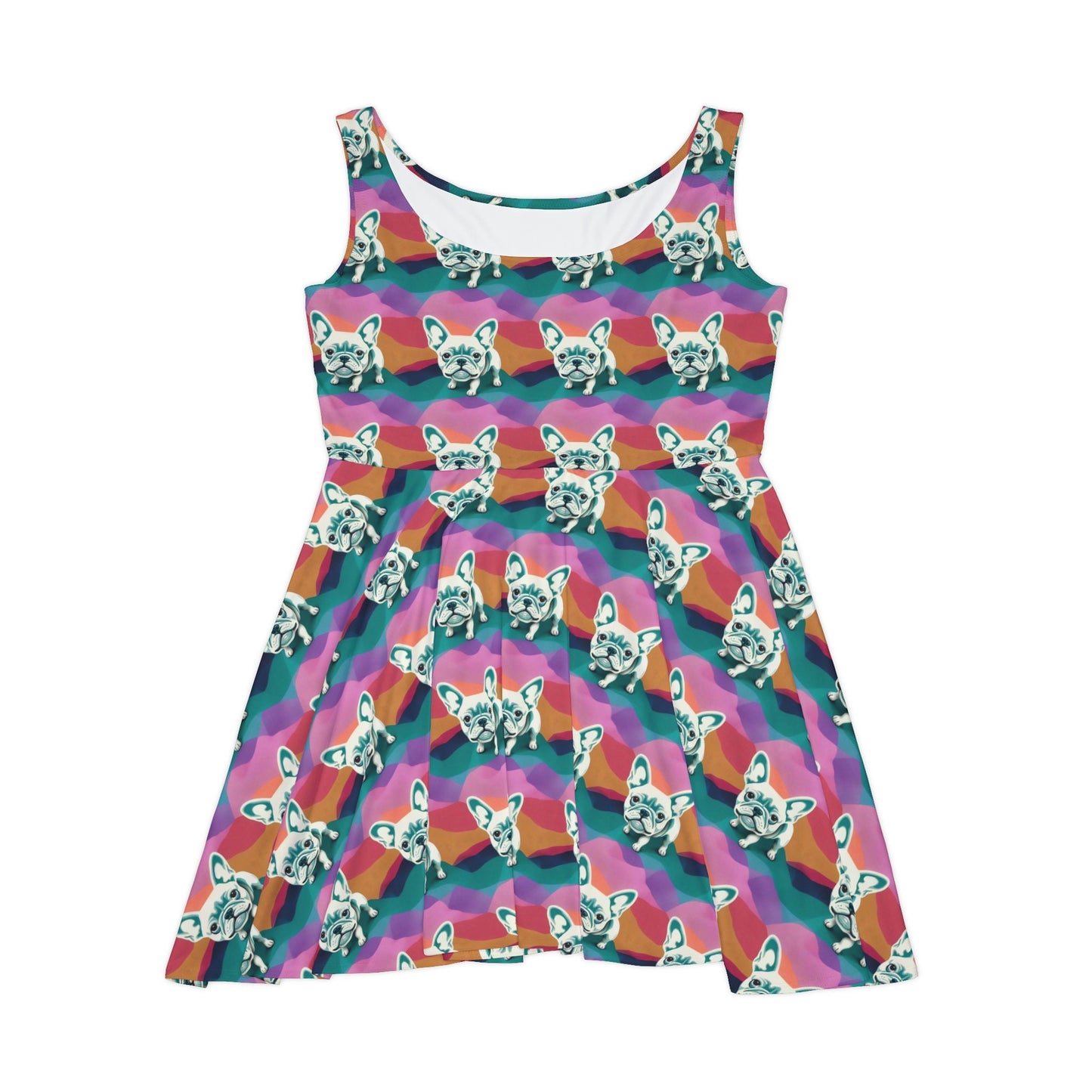 French Bulldog Skater Dress, Dog Pattern Sleeveless Dress, Pastel Colors Skater Dress for Women, Handmade Tank Dress