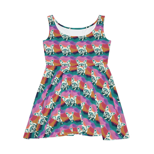 French Bulldog Skater Dress, Dog Pattern Sleeveless Dress, Pastel Colors Skater Dress for Women, Handmade Tank Dress