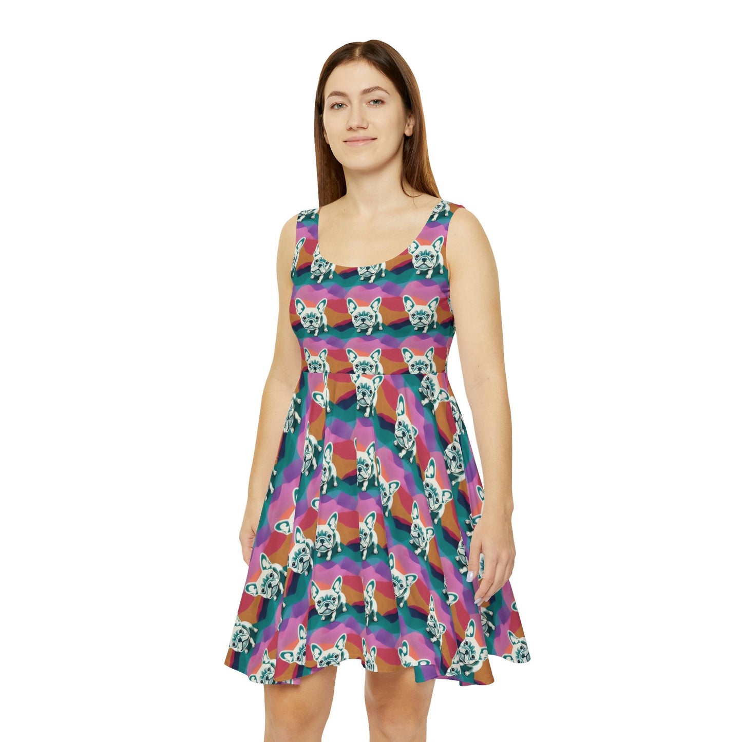 French Bulldog Skater Dress, Dog Pattern Sleeveless Dress, Pastel Colors Skater Dress for Women, Handmade Tank Dress