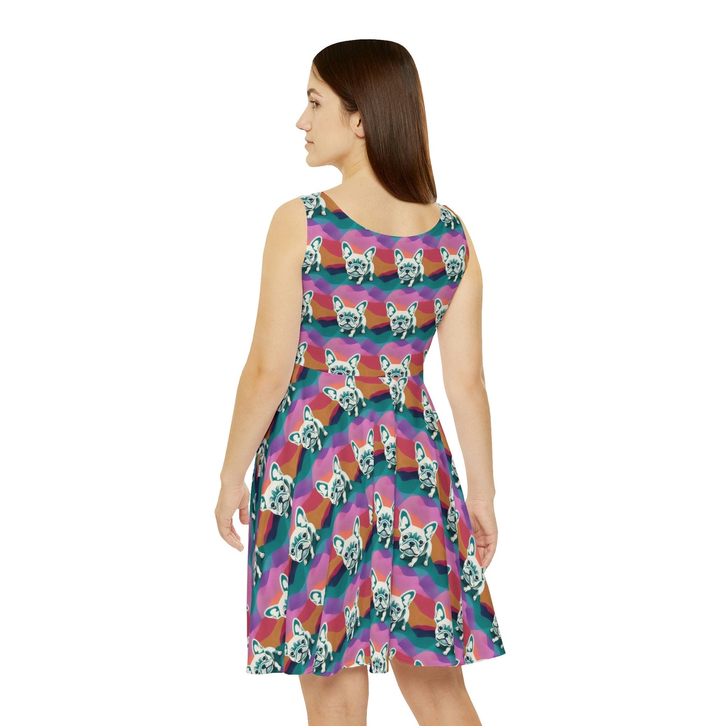 French Bulldog Skater Dress, Dog Pattern Sleeveless Dress, Pastel Colors Skater Dress for Women, Handmade Tank Dress