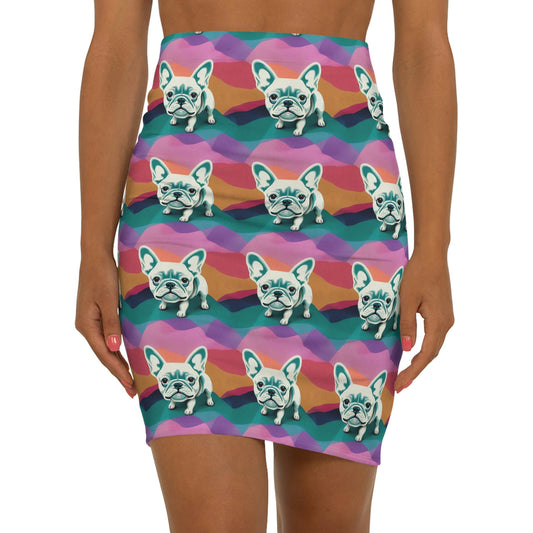 French Bulldog Pencil Skirt, Animal Print Spandex Skirt, Pastel Colors Skirt, Bulldog Pattern Mini Skirt, Handmade Pop Art Skirt