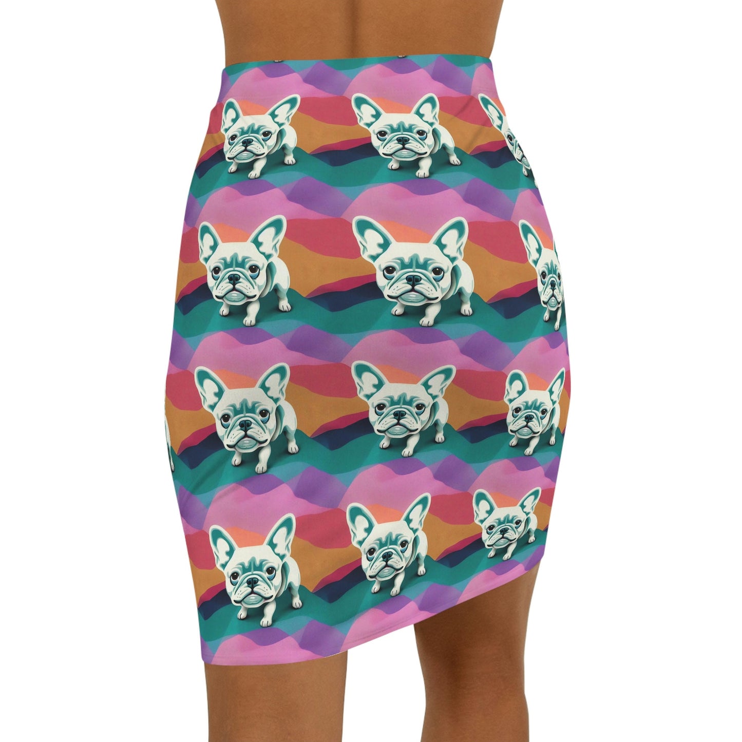 French Bulldog Pencil Skirt, Animal Print Spandex Skirt, Pastel Colors Skirt, Bulldog Pattern Mini Skirt, Handmade Pop Art Skirt