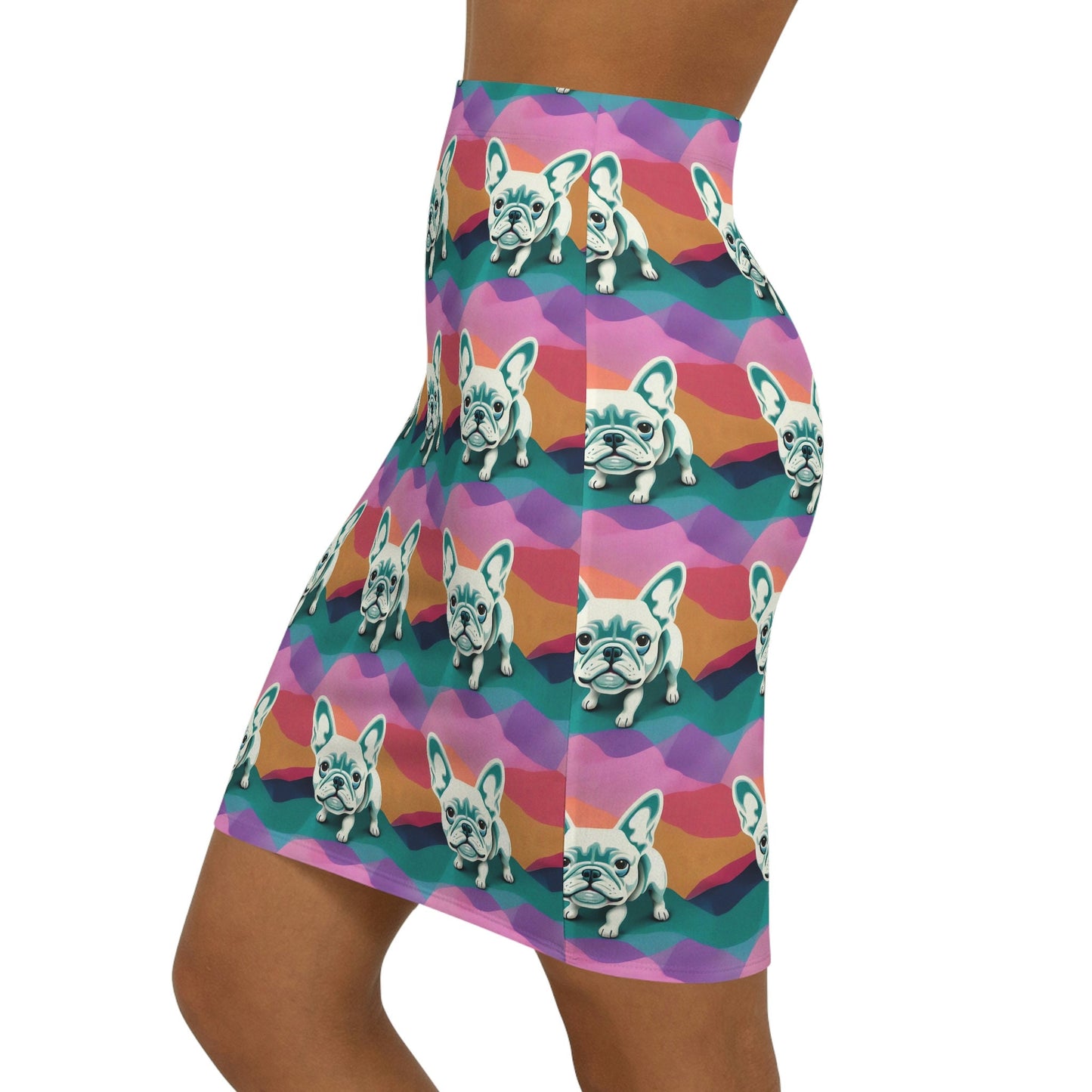 French Bulldog Pencil Skirt, Animal Print Spandex Skirt, Pastel Colors Skirt, Bulldog Pattern Mini Skirt, Handmade Pop Art Skirt