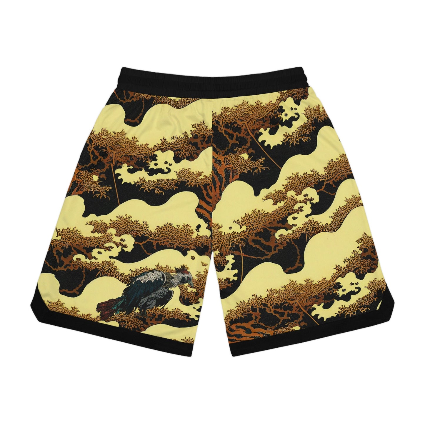 Gold Forest Vulture Basketball Shorts, Bird Clothing High Waisted Shorts, Streetwear Graphic Shorts, Athletic Shorts
