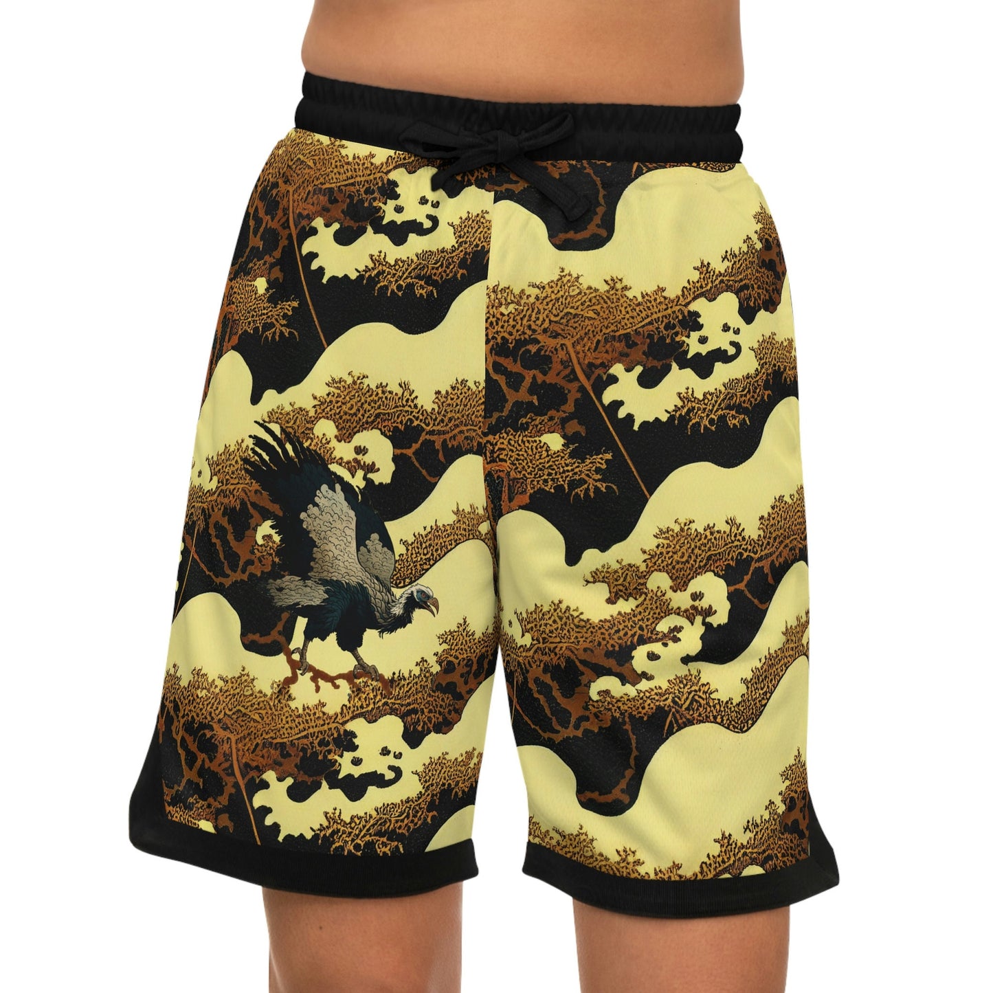 Gold Forest Vulture Basketball Shorts, Bird Clothing High Waisted Shorts, Streetwear Graphic Shorts, Athletic Shorts