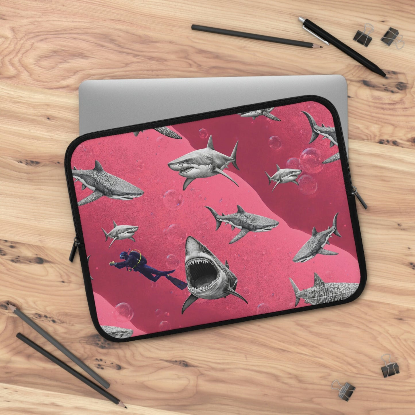 Sharks Laptop Sleeve, Pink Sea Laptop Travel Case, Scuba Laptop Case, Laptop Organizer Zipper Pouch, Laptop Accessories