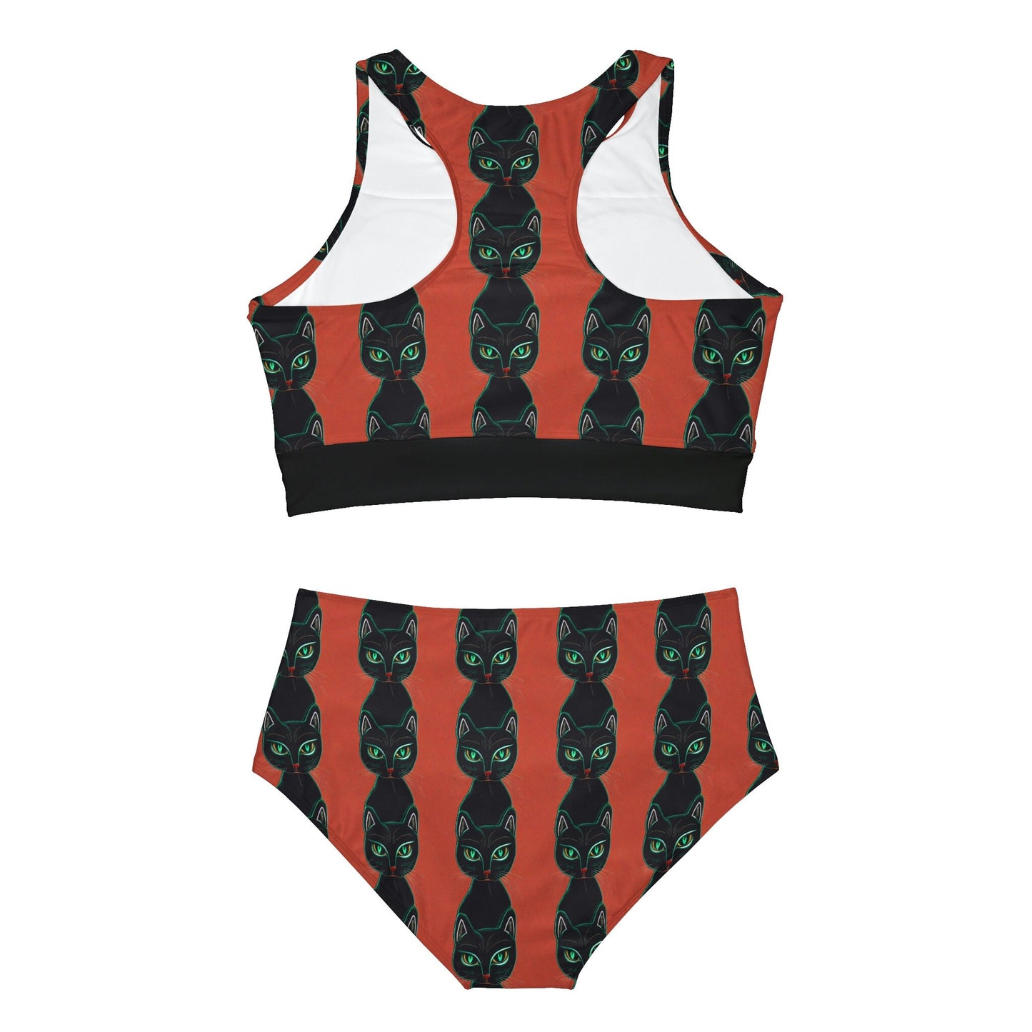 Green Eyed Cat Print Girls Bikini Set, High Waisted Spooky Cat Bikini, Plus Size Sporty Bikini Set, Cat Lover Gift