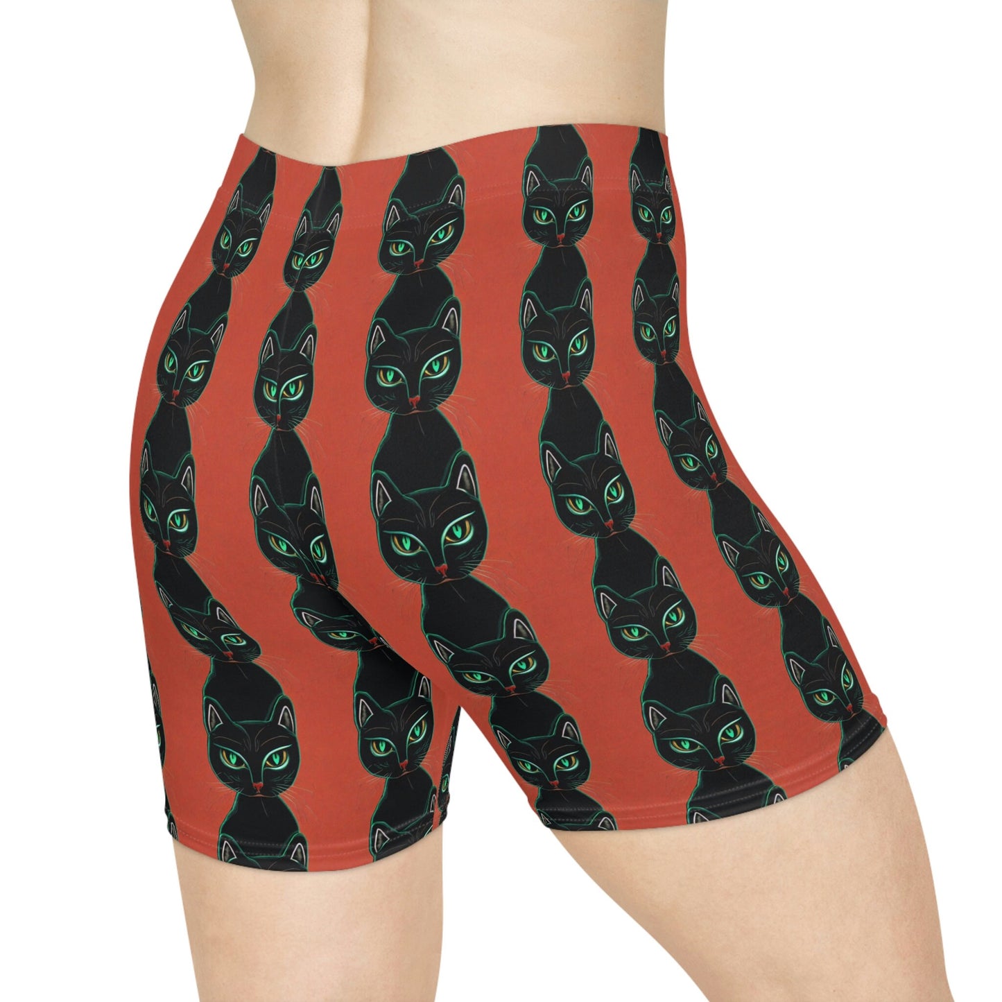 Green Eyed Cat Pattern Women Biker Shorts, Cat Clothing Workout Shorts, Animal Clothing Gym Shorts, Sexy Booty Shorts, Yoga Shorts