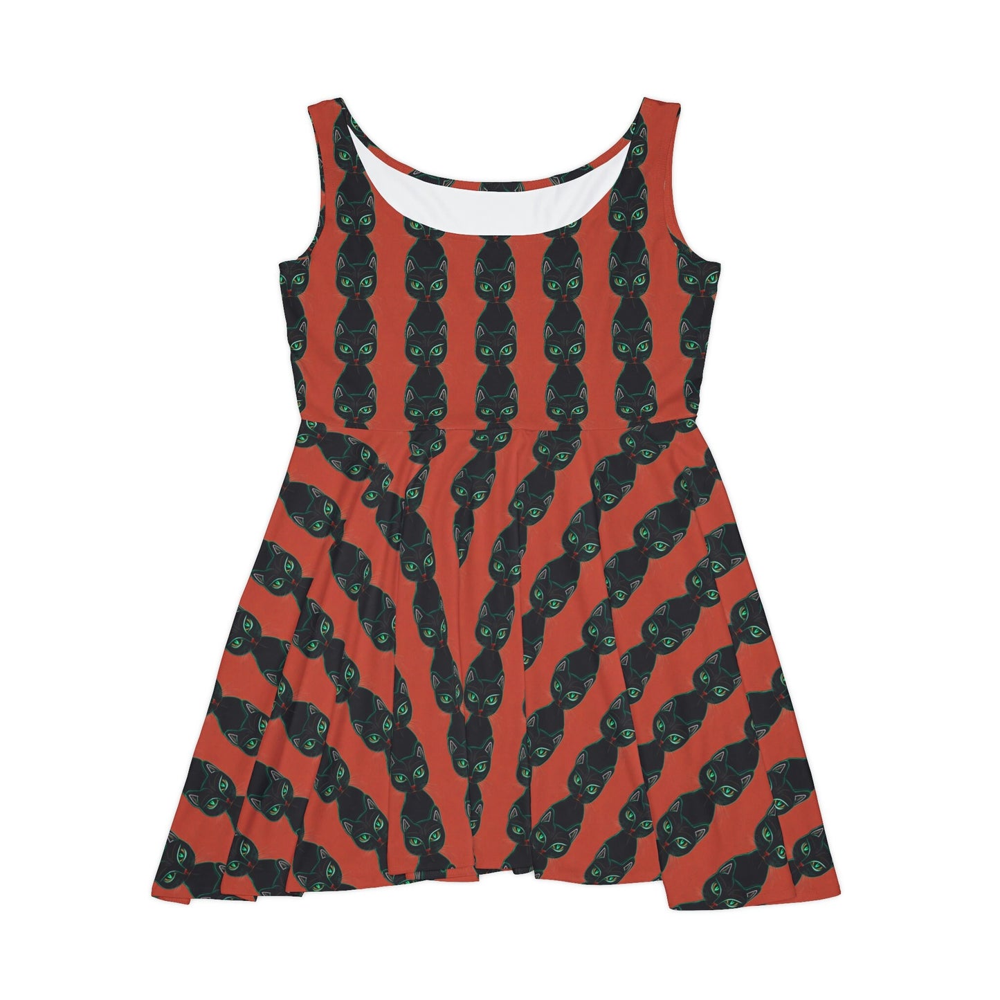 Green Eyed Cat Skater Dress, Cat Pattern Sleeveless Dress, Summer Skater Dress for Women, Handmade Tank Dress