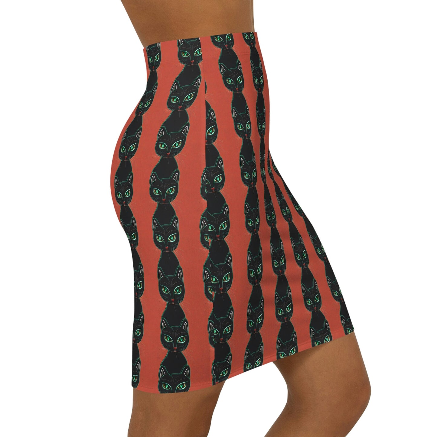 Green Eyed Cat Skirt, Cat Pattern Skirt for Women, Handmade Pencil Skirt, High Waisted Skirt For Cat Lover, Mini Skirt