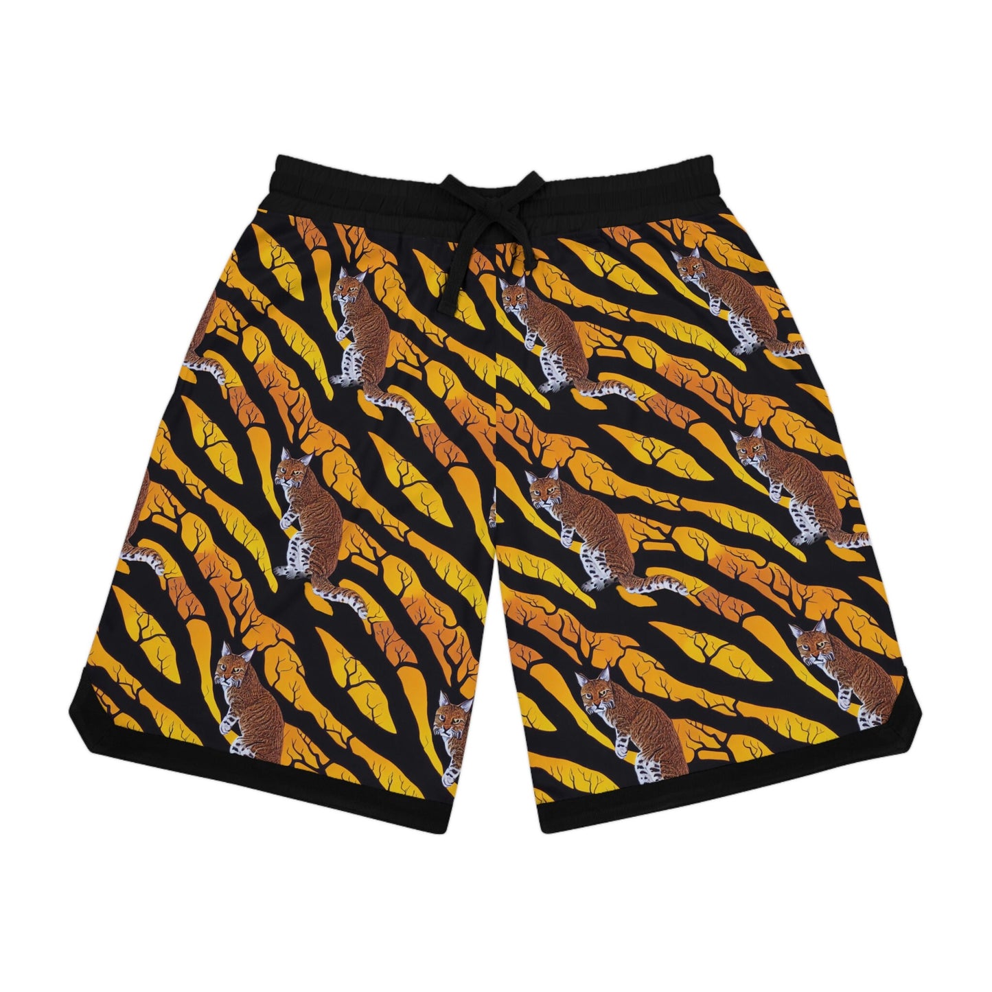 Bobcat in Spooky Forest Basketball Shorts, Bobcat Clothes High Waisted Shorts, Animal Clothing Graphic Shorts, Sport Shorts