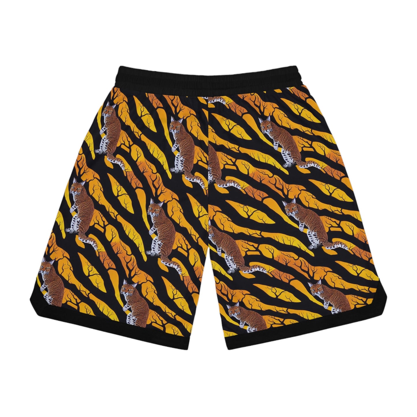 Bobcat in Spooky Forest Basketball Shorts, Bobcat Clothes High Waisted Shorts, Animal Clothing Graphic Shorts, Sport Shorts