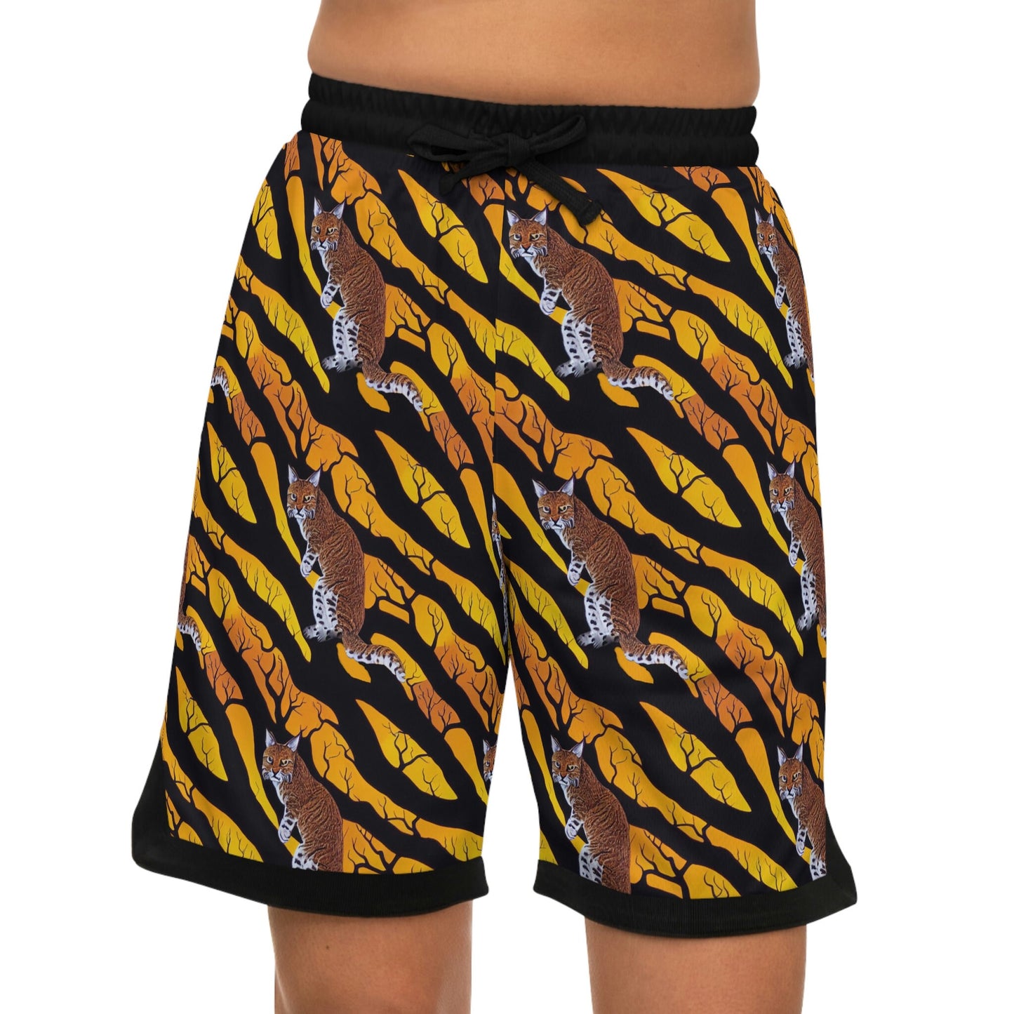 Bobcat in Spooky Forest Basketball Shorts, Bobcat Clothes High Waisted Shorts, Animal Clothing Graphic Shorts, Sport Shorts