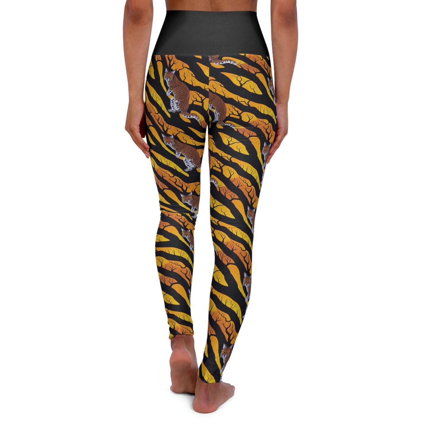 Bobcat on Forest Leggings, High Waist Yoga Leggings, Spooky Leggings for Women, Fitness Leggings, Workout Leggings