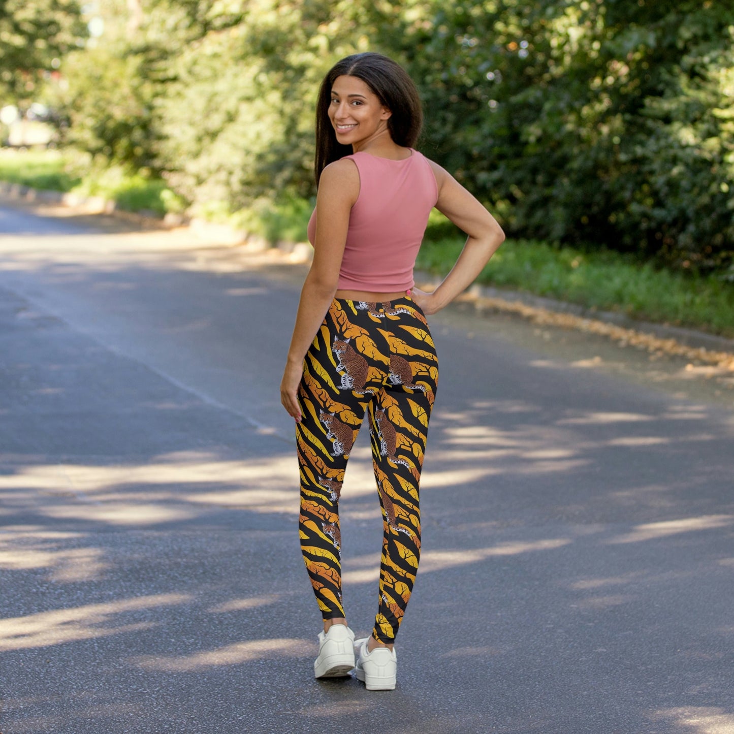 Yellow Pattern Bobcat Forest Leggings, Yoga Leggings, Spandex Leggings for Women, Fitness Leggings, Workout Leggings