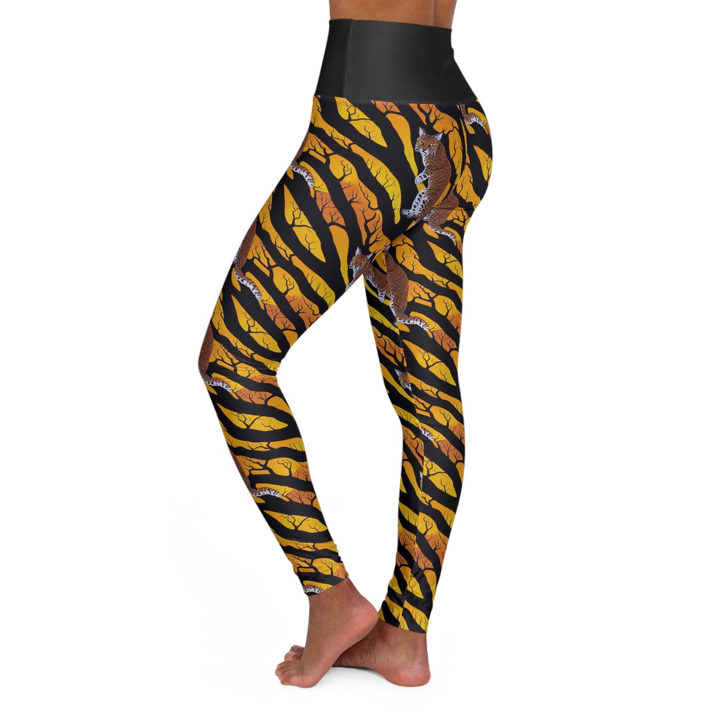 Bobcat on Forest Leggings, High Waist Yoga Leggings, Spooky Leggings for Women, Fitness Leggings, Workout Leggings