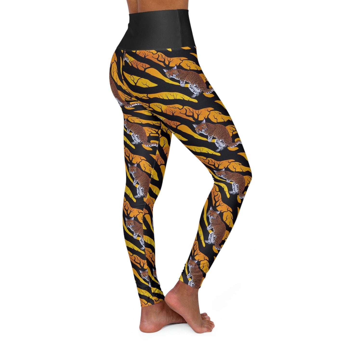 Bobcat on Forest Leggings, High Waist Yoga Leggings, Spooky Leggings for Women, Fitness Leggings, Workout Leggings