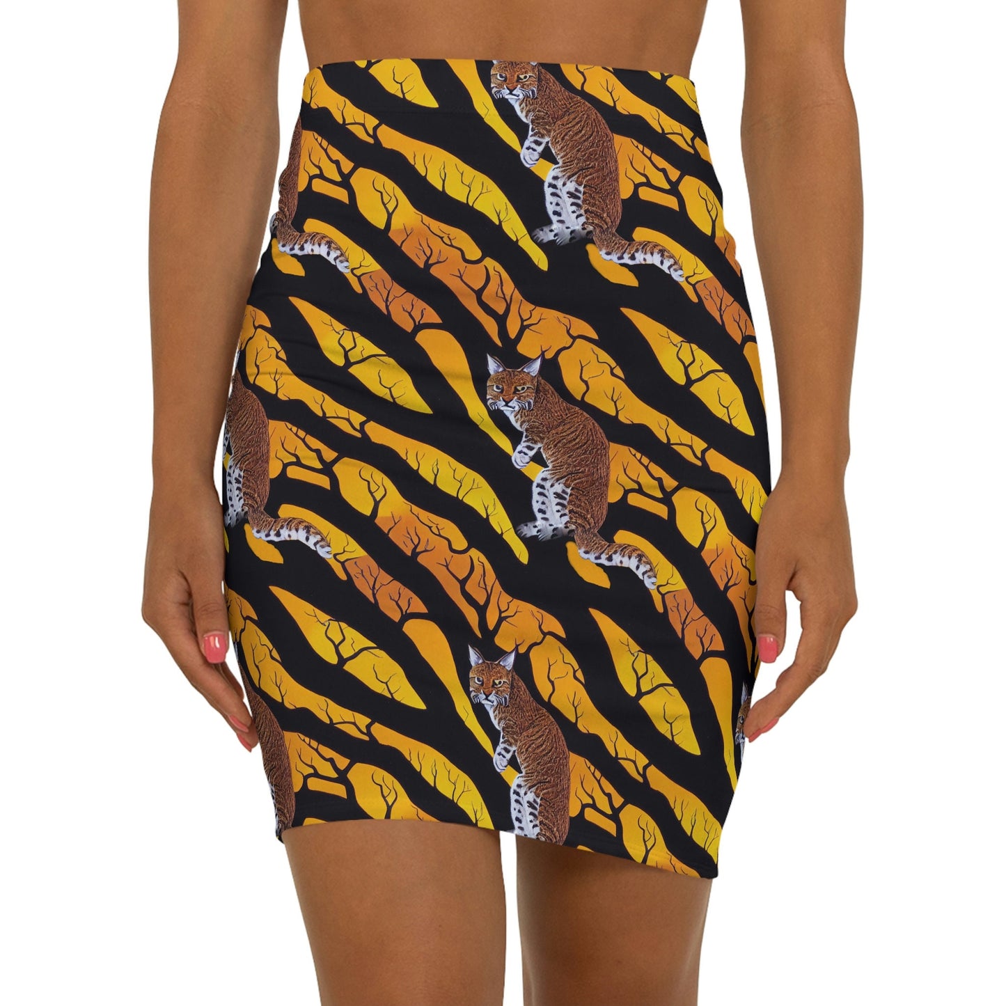 Bobcat Pencil Skirt, Spooky Forest Style Cat Skirt, Women's Skirt, High Waisted Skirt, Short Skirt for Women, Handmade Skirt