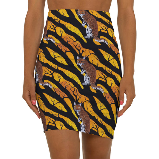 Bobcat Pencil Skirt, Spooky Forest Style Cat Skirt, Women's Skirt, High Waisted Skirt, Short Skirt for Women, Handmade Skirt