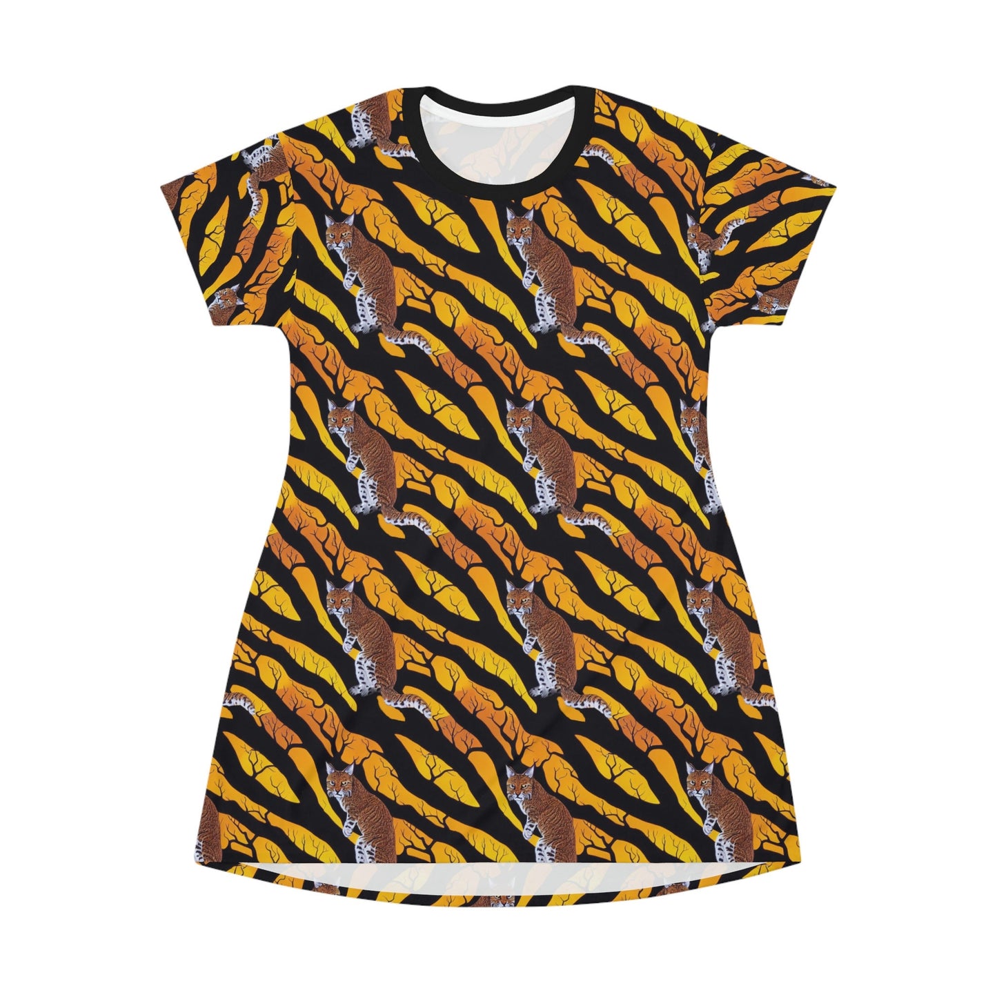 Bob Cat Tshirt Dress, Cat in Spooky Forest Women Tshirt Dress, Oversized Yellow Tshirt, Aesthetic Cat Lover Shirt Dress