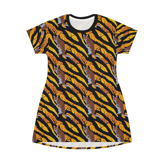 Bob Cat Tshirt Dress, Cat in Spooky Forest Women Tshirt Dress, Oversized Yellow Tshirt, Aesthetic Cat Lover Shirt Dress